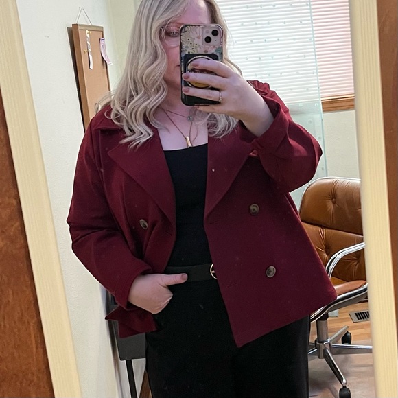 Betabrand cropped Peacoat blazer Women's Burgundy Double-Breasted Jacket XL - Picture 2 of 7
